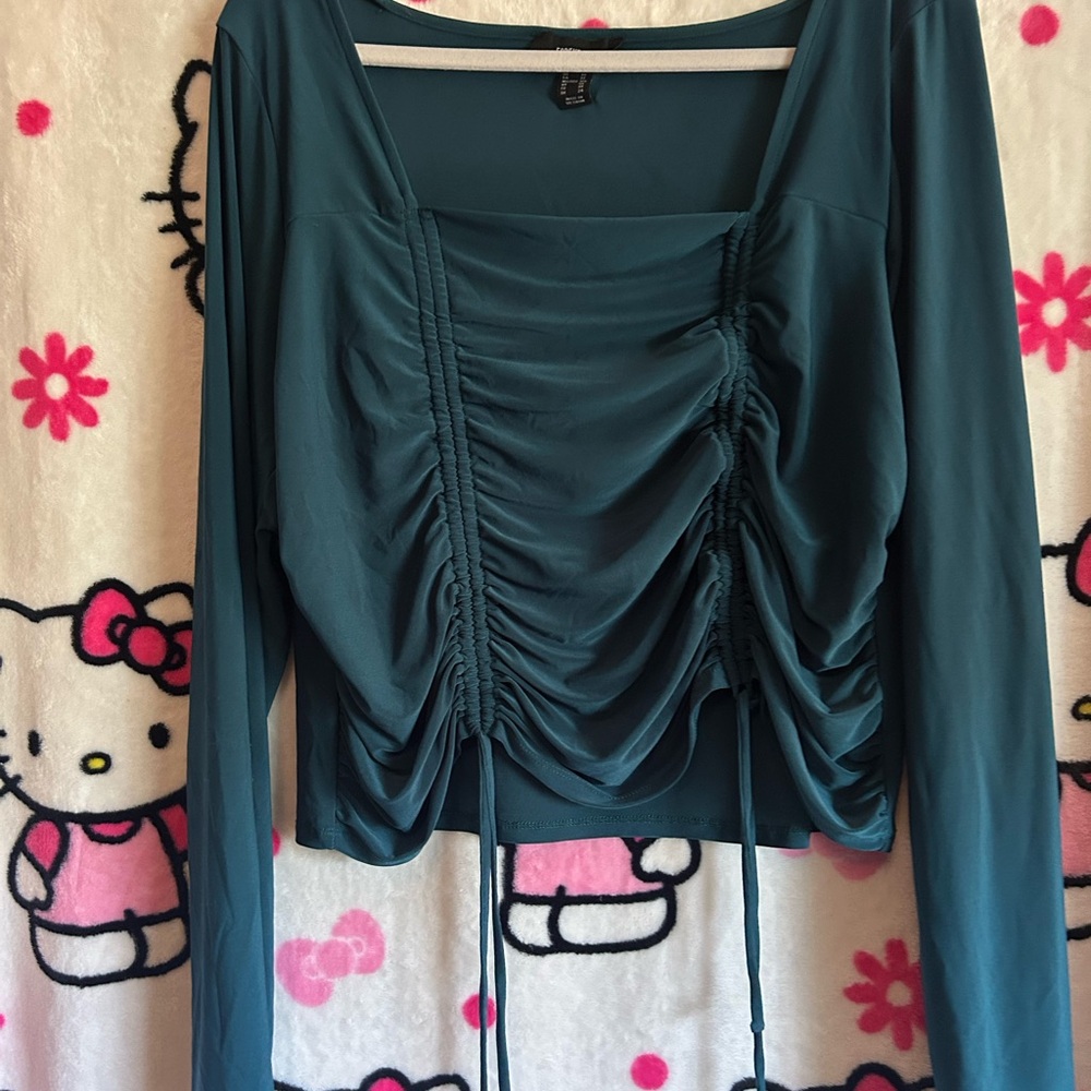 Forever 21 Green Long Sleeve Ruched Blouse